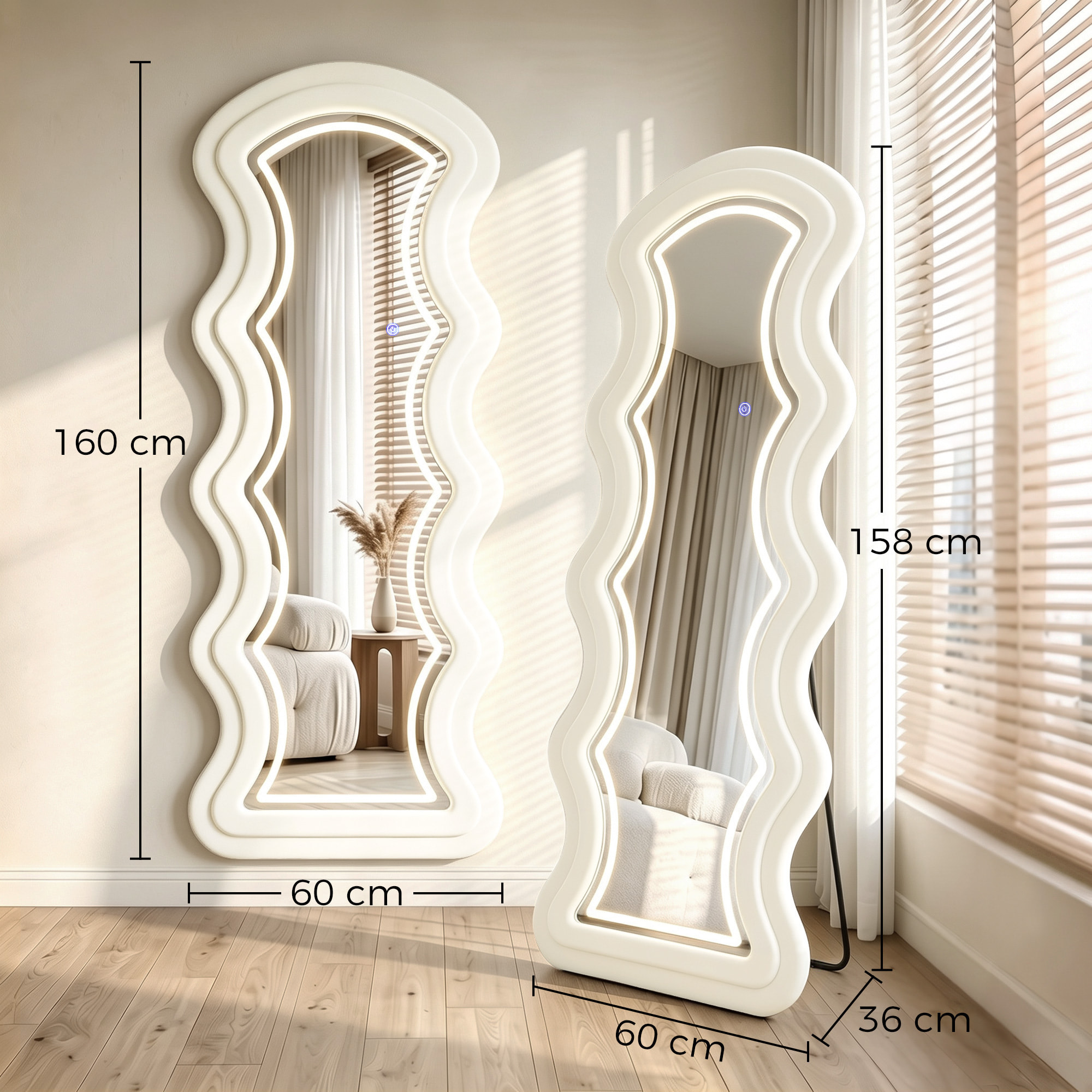 Miroir LED ondulé pleine longueur 160x60cm 3 couleurs cadre effet velours crème