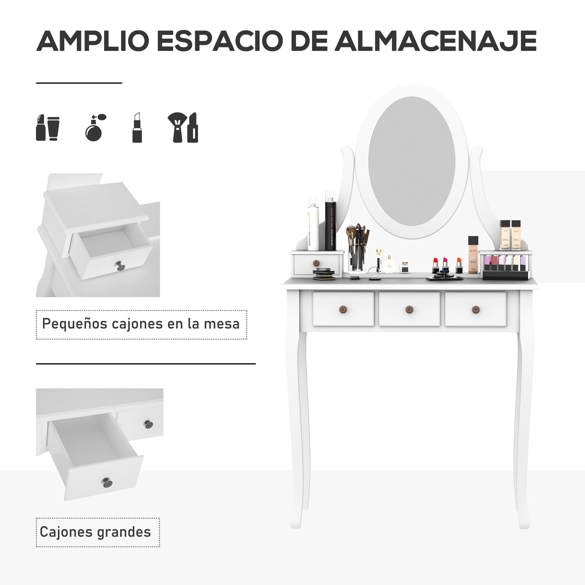 Tocador + Taburete y Espejo Mesa Maquillaje 5 Cajones Blanco Negro Mesa MDF NUE