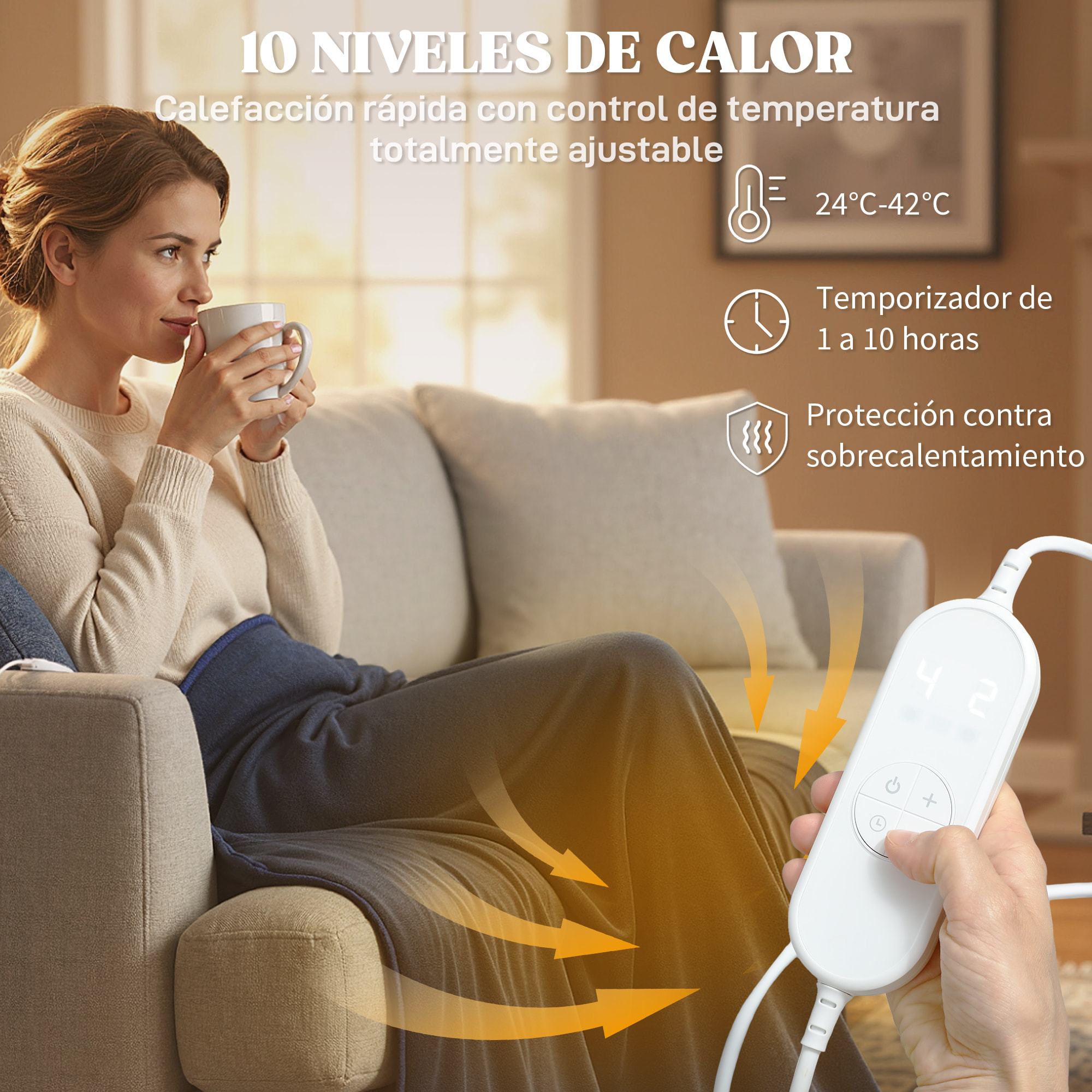 Manta Eléctrica Grande 180x130 cm, Manta Térmica Sofá de Coralina, 10 Niveles de Temperatura, Temporizador, Lavar a Máquina, Pantalla LED, Protección contra Sobrecalentamiento, Azul