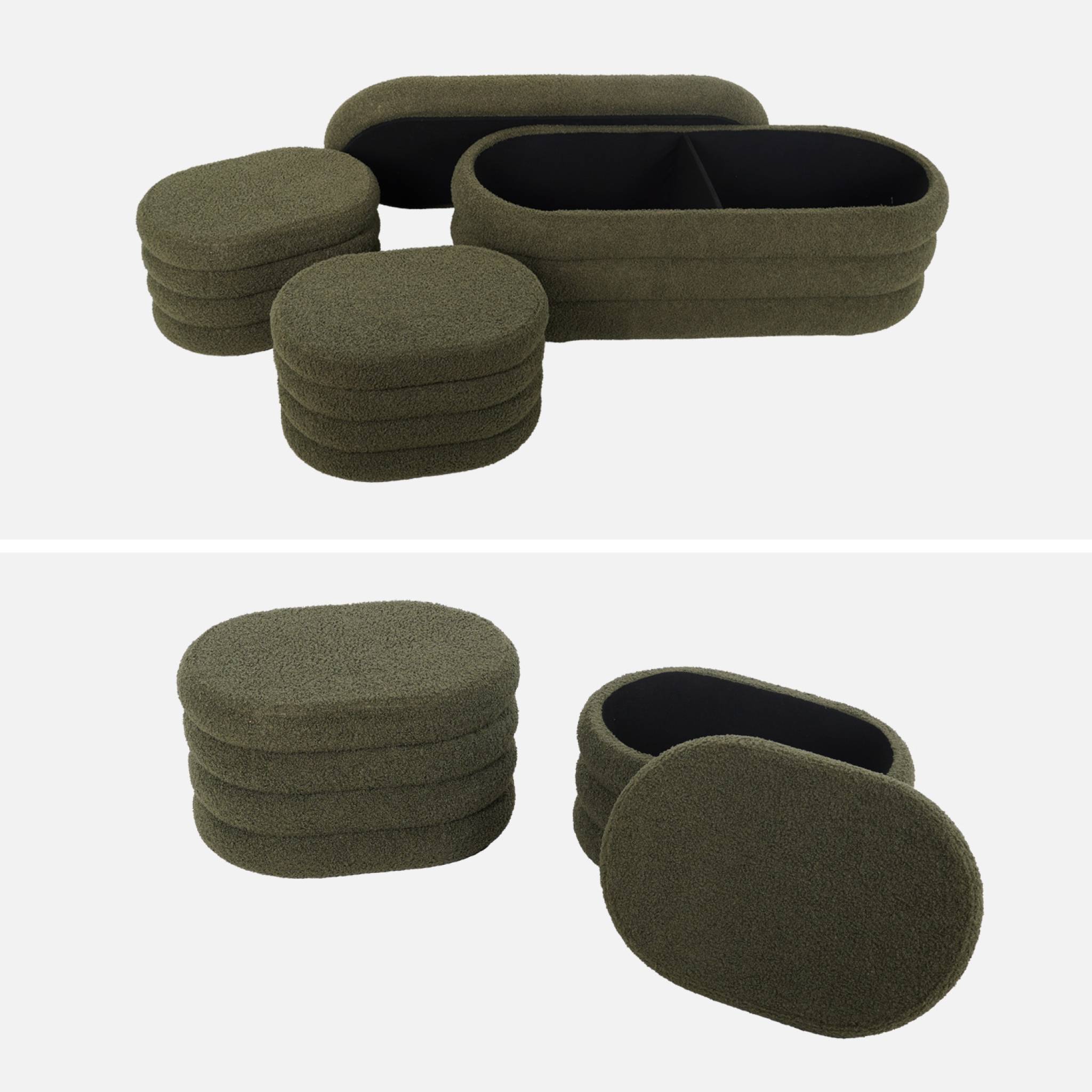 Banc coffre en bouclettes kaki avec 2 poufs ovales de rangement intégrés - L111cm