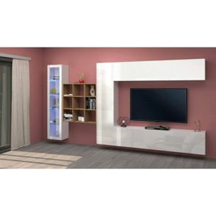 Parete attrezzata Davis, Set salotto porta TV a 4 ante, Mobile soggiorno multiuso con vetrina e luce LED, 100% Made in Italy, cm 310x30h180, Bianco lucido e Acero