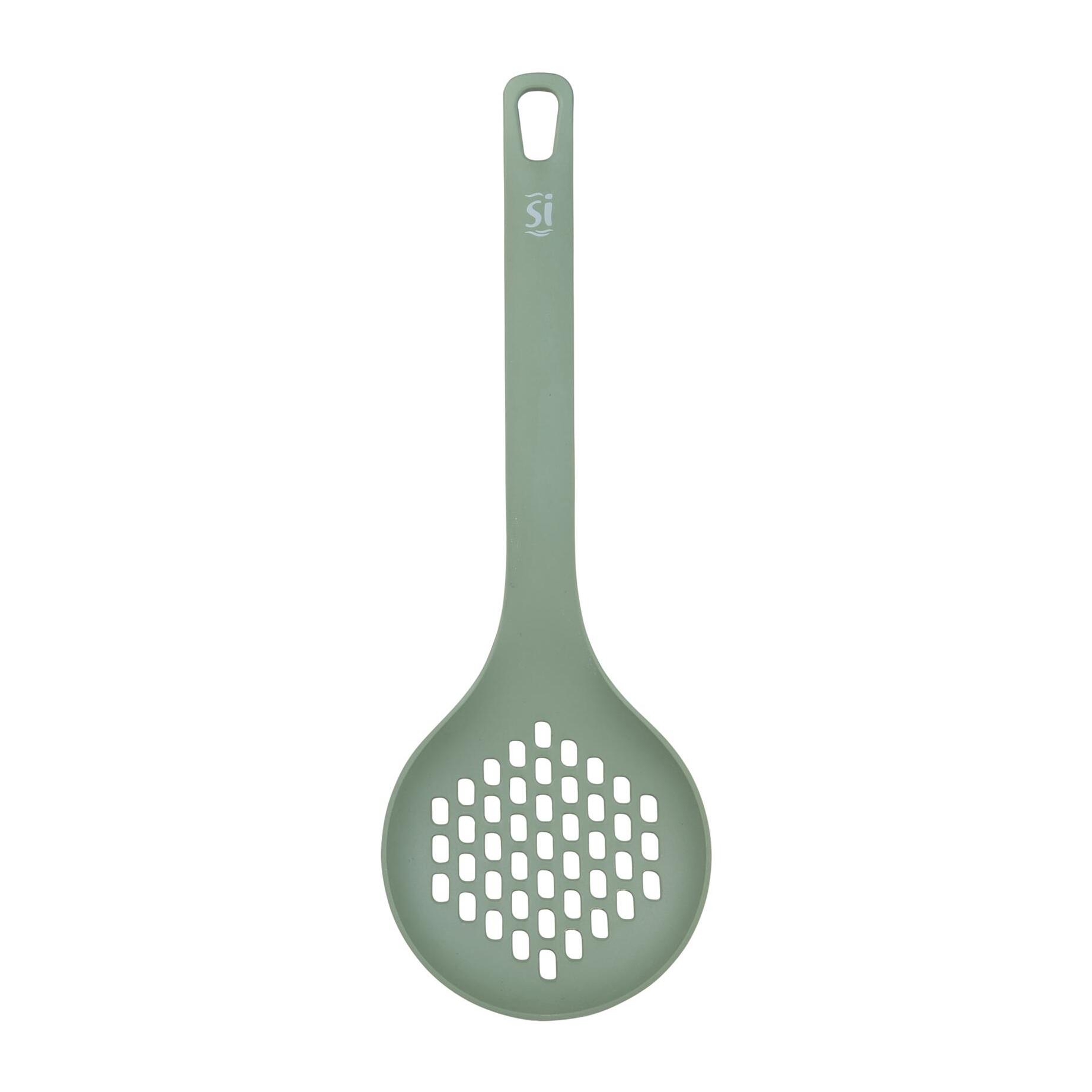 Juego de 4 utensilios de cocina: servidor de pasta (31×7,3 cm), cuchara de servir (33×5,8 cm), cucharón (31×9 cm) y espátula ranurada (31,5×7,4 cm), color negro, material PBT