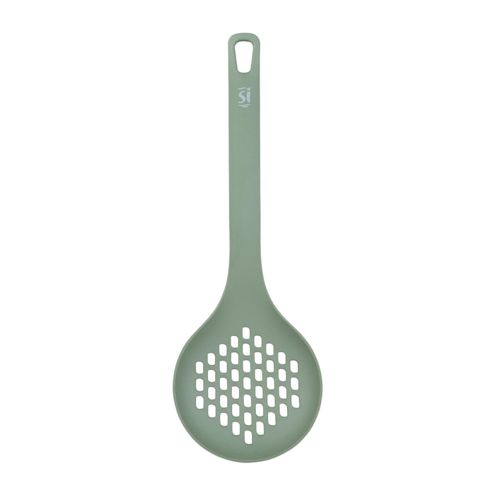 Juego de 4 utensilios de cocina: servidor de pasta (31×7,3 cm), cuchara de servir (33×5,8 cm), cucharón (31×9 cm) y espátula ranurada (31,5×7,4 cm), color negro, material PBT