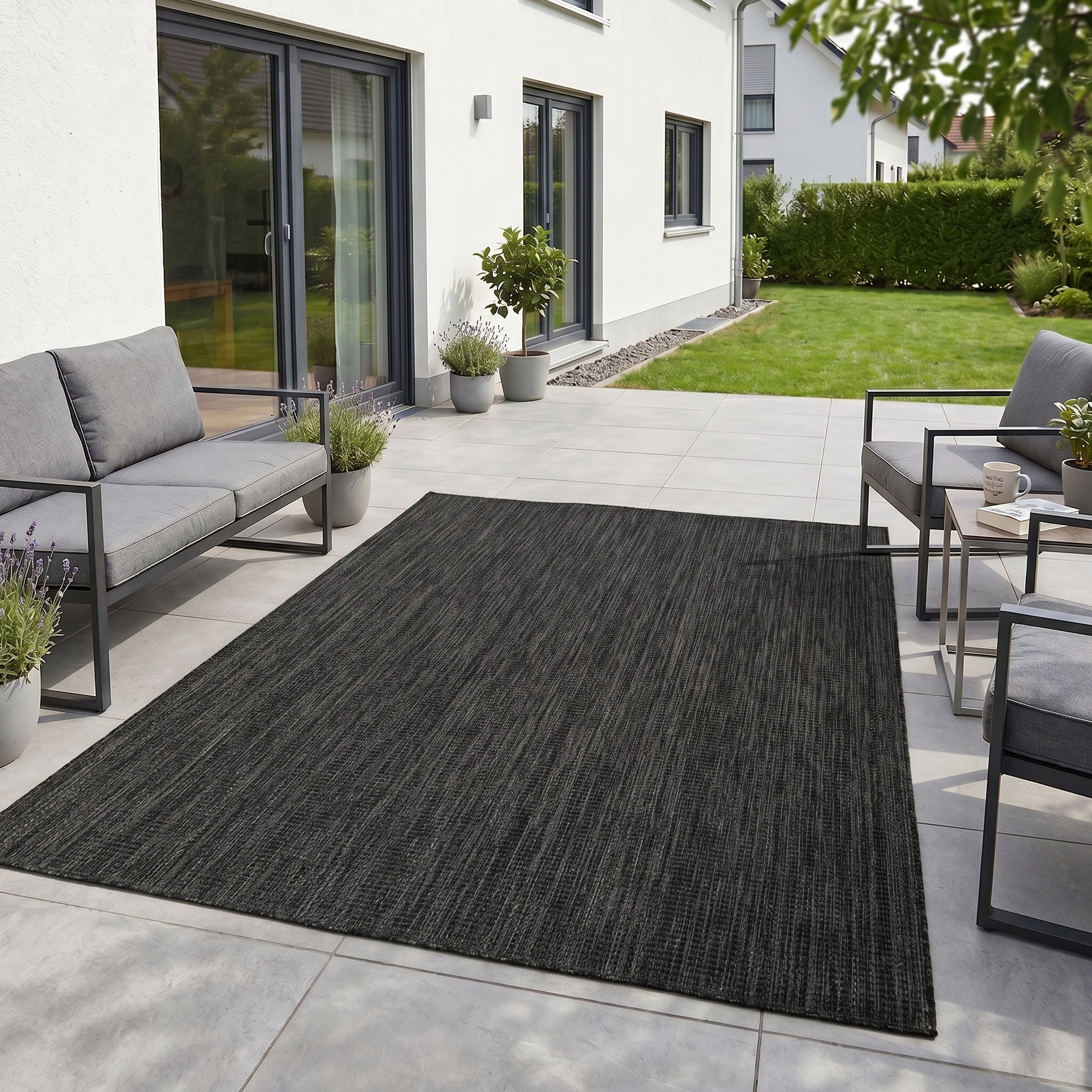 MIRA - Tapis intérieur/extérieur noir à aspect naturel