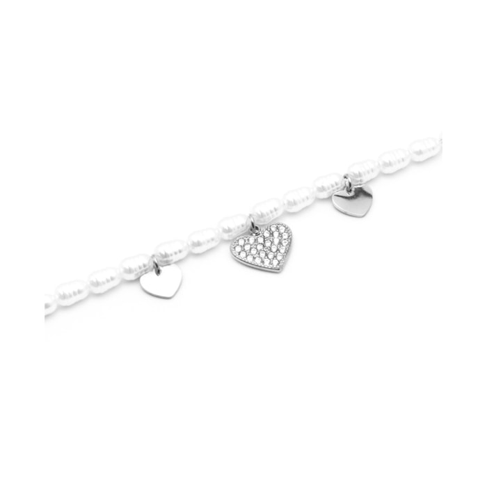 Bracciale con Catena di Cuori e Perle in Acciaio Argentato