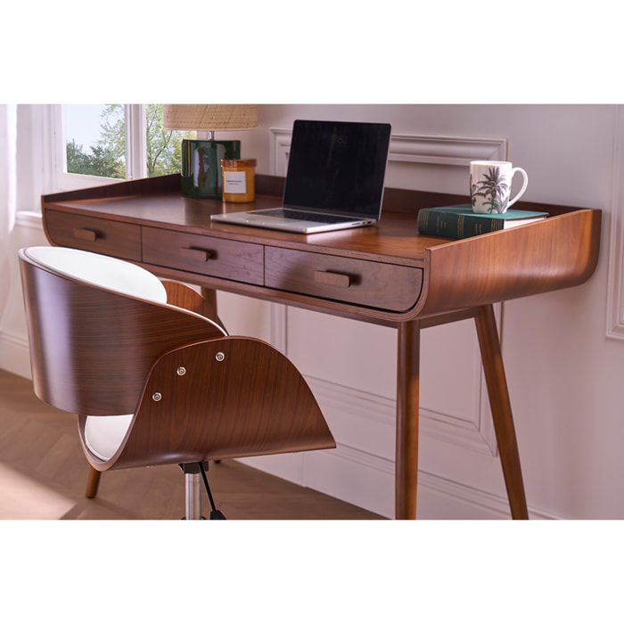 Chaise de bureau à roulettes design blanc, bois foncé noyer et acier chromé BENT