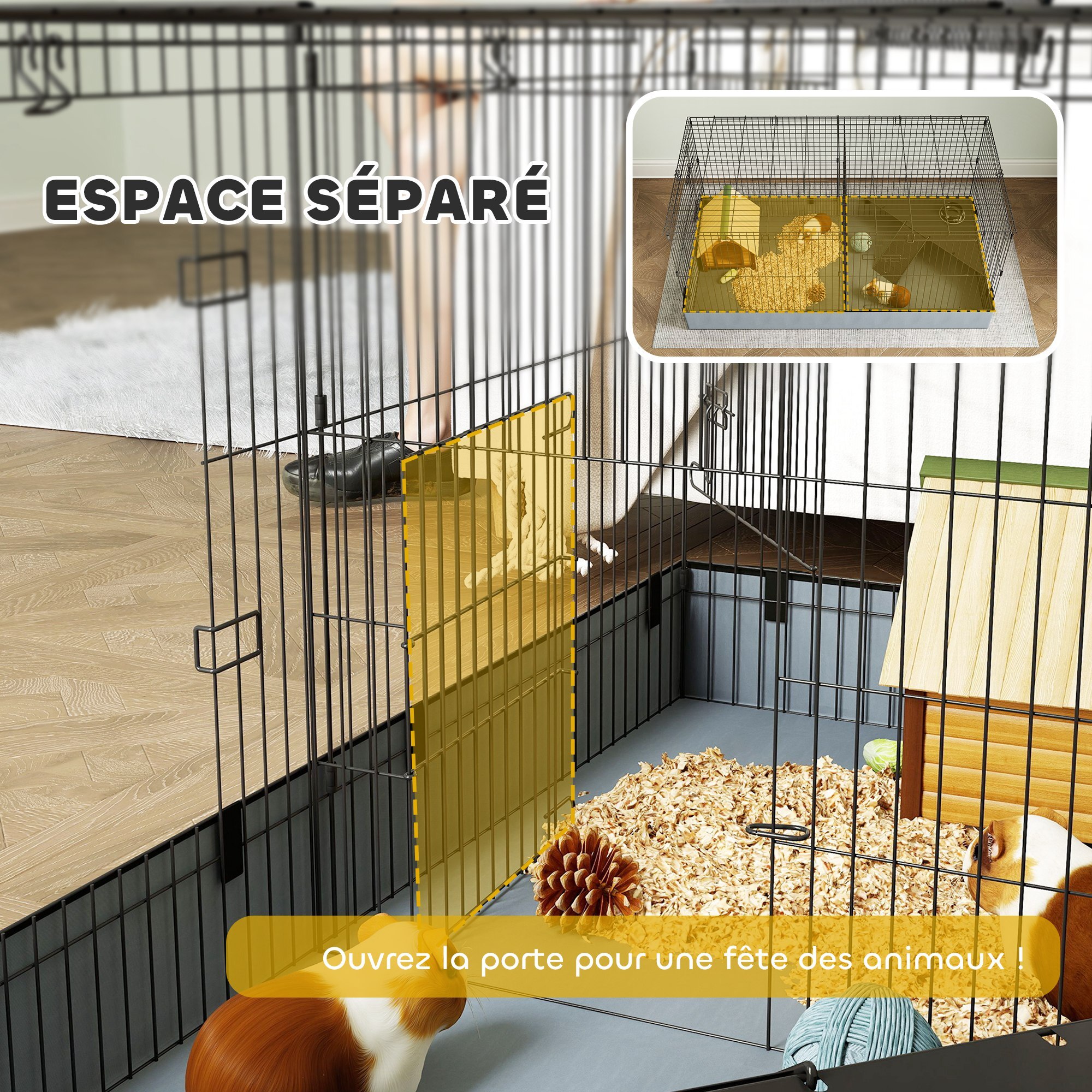 Cage pour cochon d'inde avec séparation 2 zones - plateforme observation, rampe, portes - acier noir PVC tissu gris