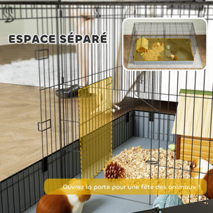Cage pour cochon d'inde avec séparation 2 zones - plateforme observation, rampe, portes - acier noir PVC tissu gris