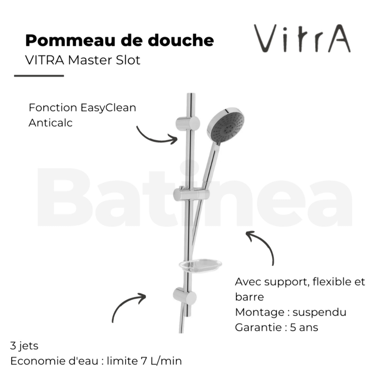 Pommeau de douche VITRA Master Slot 3 jets avec barre, porte savon et flexible