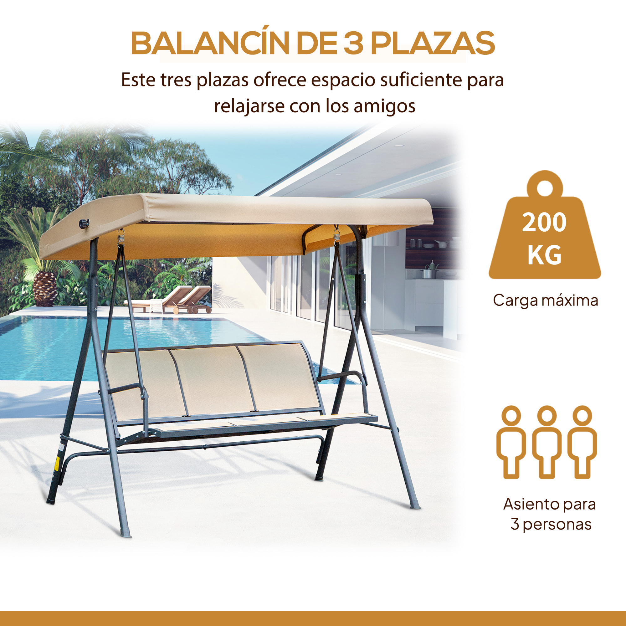 Columpio de Jardín Exterior de 3 Plazas con Toldo Reclinable, Balancín de Jardín Exterior con Respaldo Transpirable y Marco de Acero, para Terraza Balcón, 175x118x159 cm, Beige