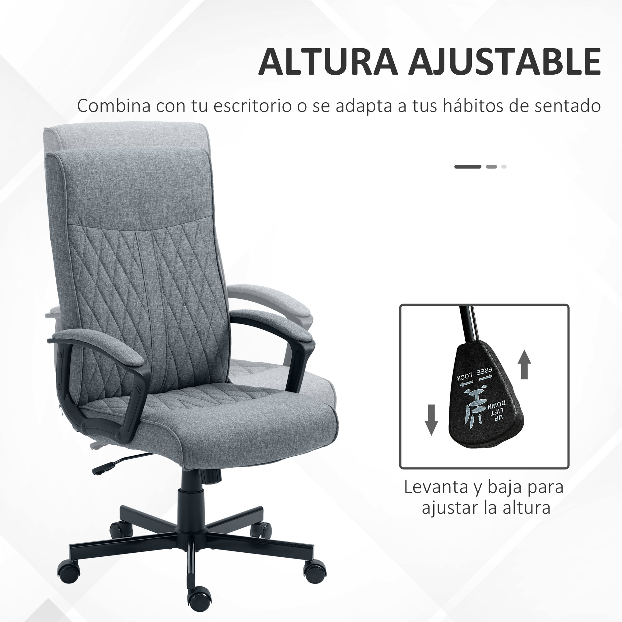 Silla de Oficina Giratoria Silla de Escritorio Basculante Tapizado en PU con Respaldo Alto y Altura Ajustable para Salón Oficina Carga 120 kg 65x72x102-112,5 cm Gris Oscuro