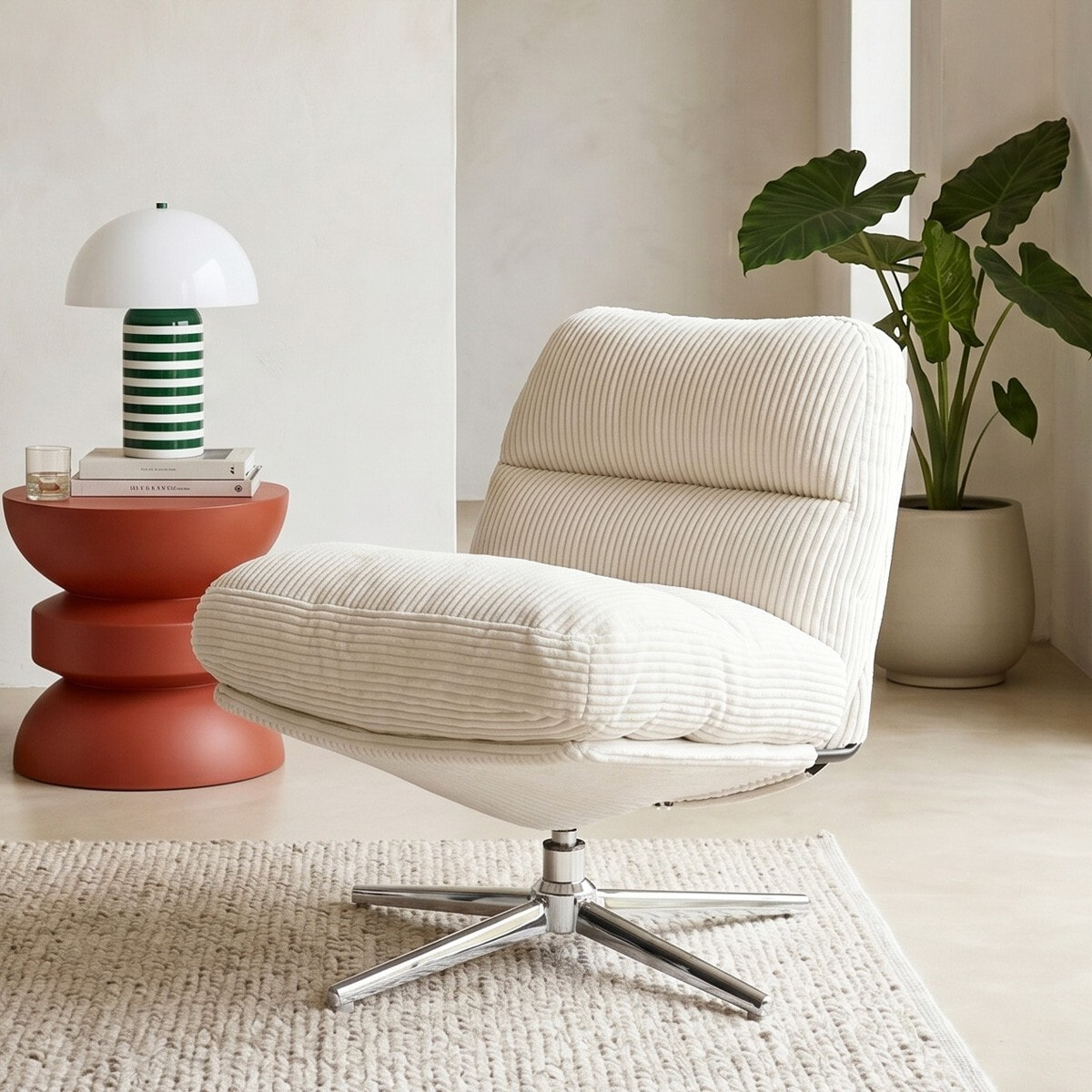 Fauteuil pivotant en velours cotelé et piètement chromé - JULIA