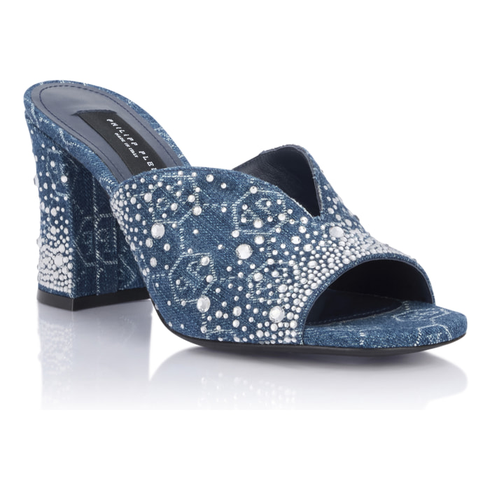 PHILIPP PLEIN Denim Mid Heels Platform Sandals Monogram Strass