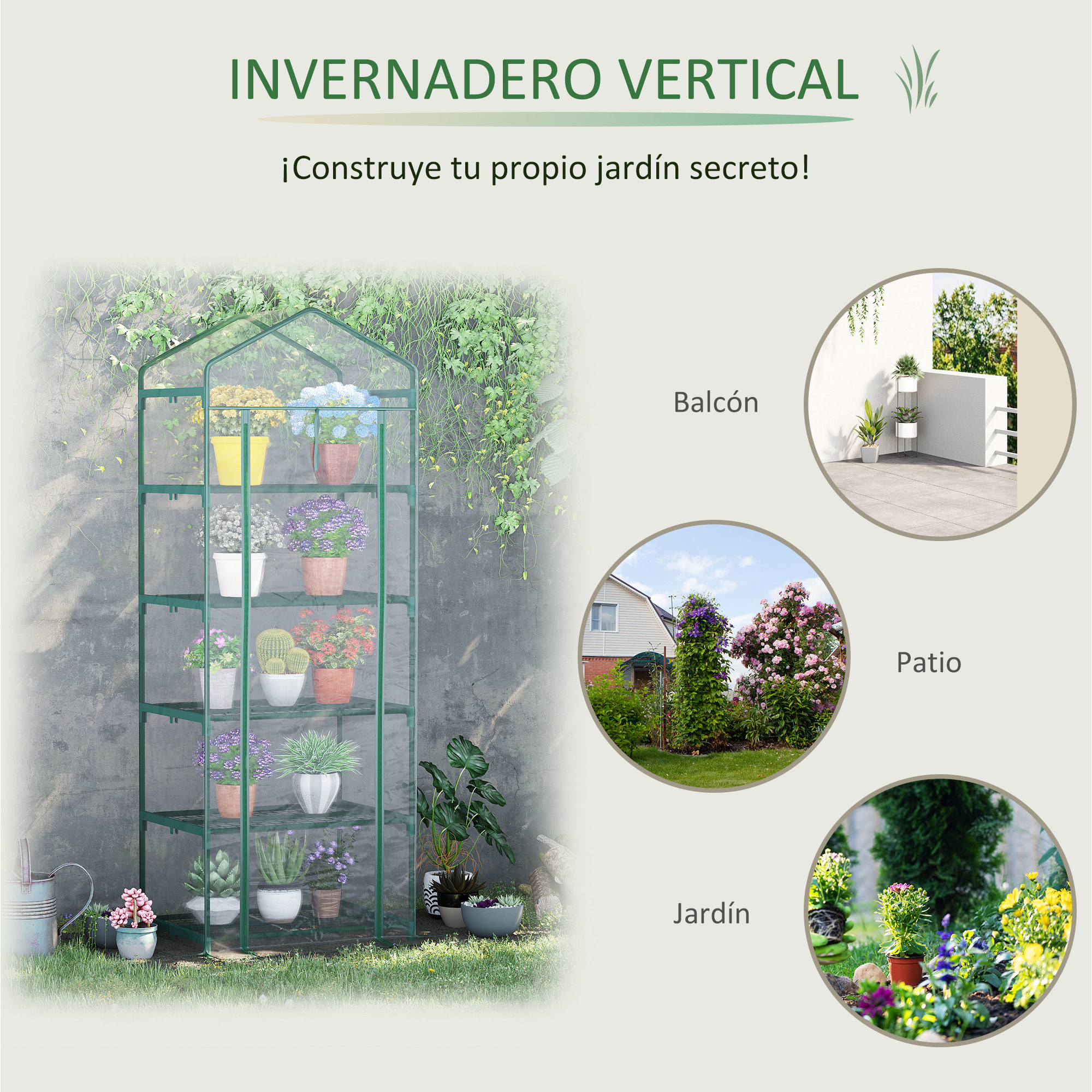 Invernadero de Jardín con 5 Estantes Metálicos y Puerta Enrollable Vivero Casero de Terraza Exterior para Cultivo Plantas Flores Macetas 69x49x193 cm Transparente