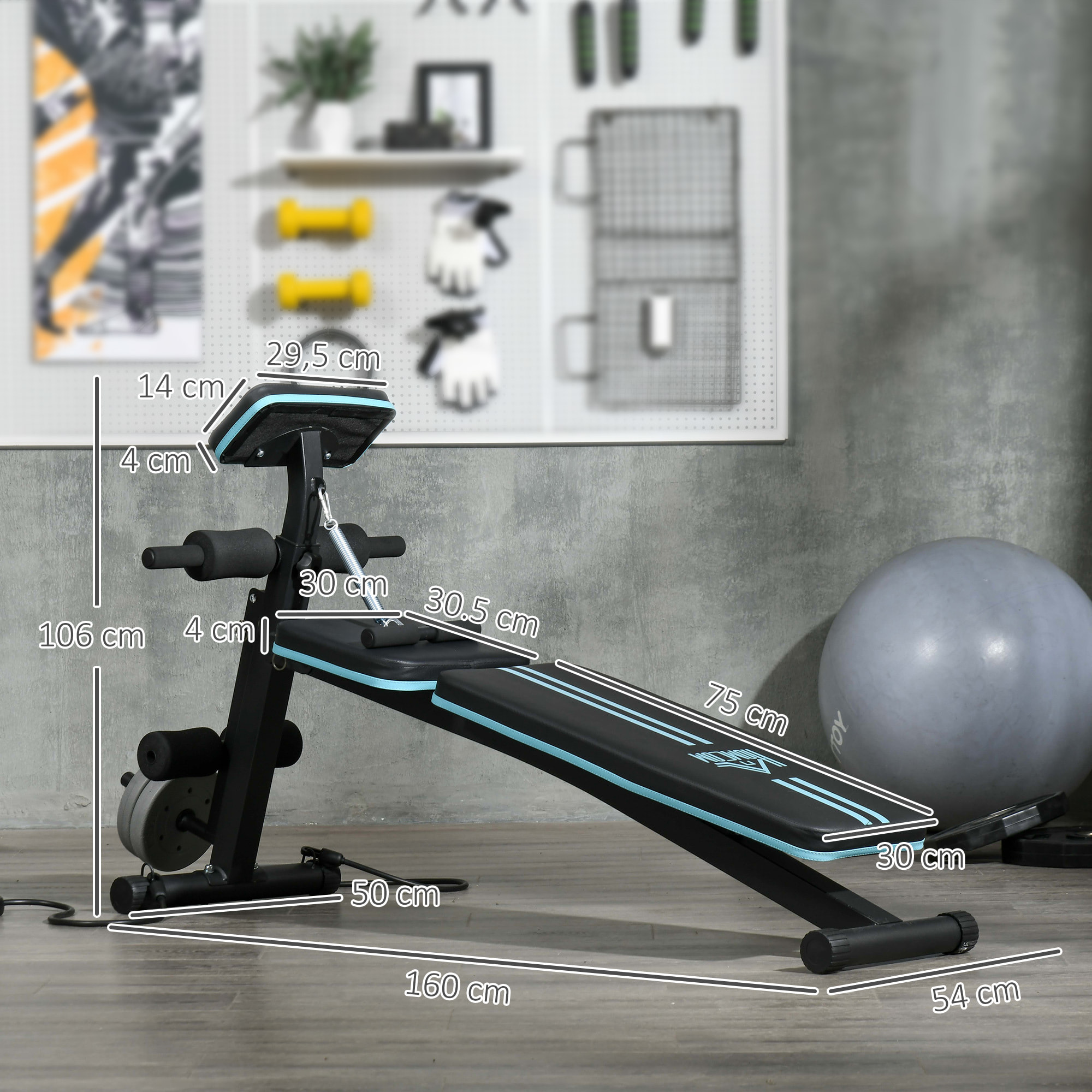 Banco de Musculación Plegable, Banco de Pesas, Respaldo Inclinable de 7 Niveles, Extensión de Pierna, Cojín de Predicador, Banda de Resistencia, para Entrenamiento Completo, Casa Gimnasio, Azul