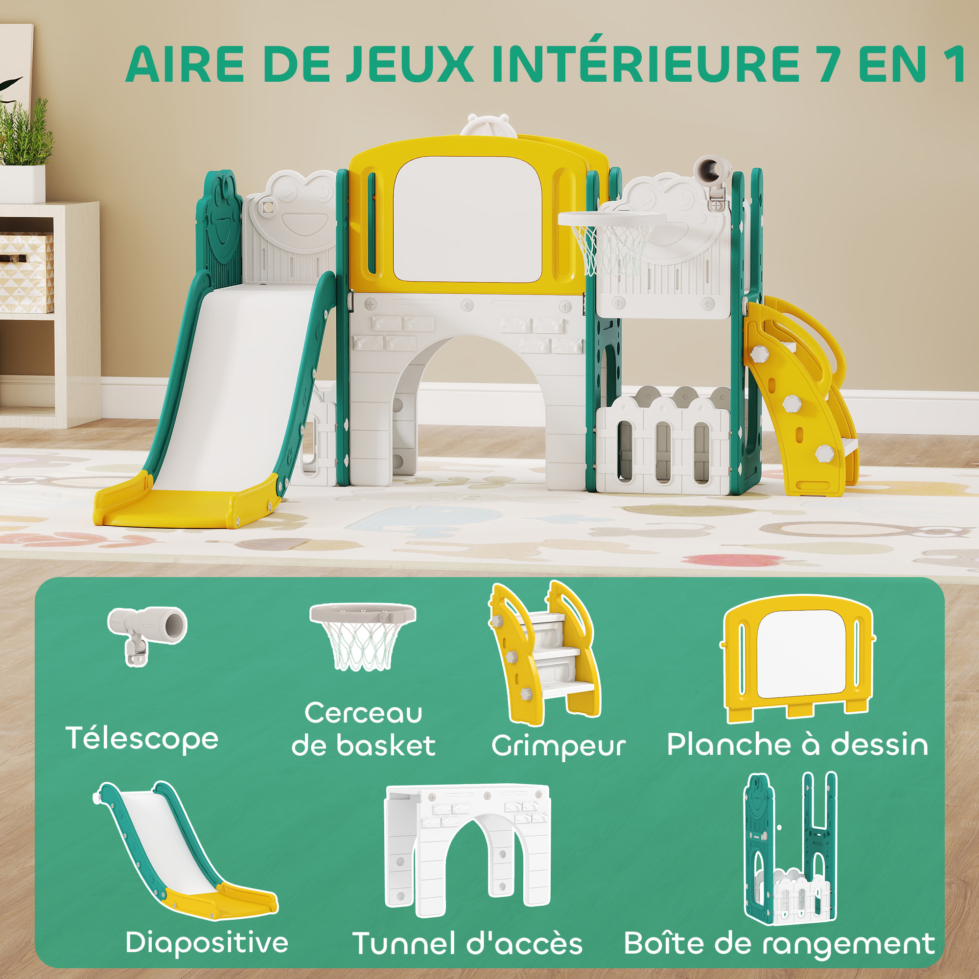 Portique aire de jeu enfant 7 en 1 HDPE blanc jaune vert