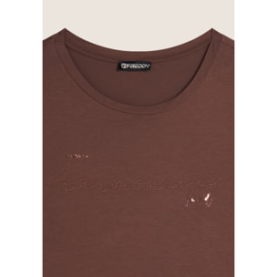 T-shirt donna in jersey viscosa scritta composta da borchie