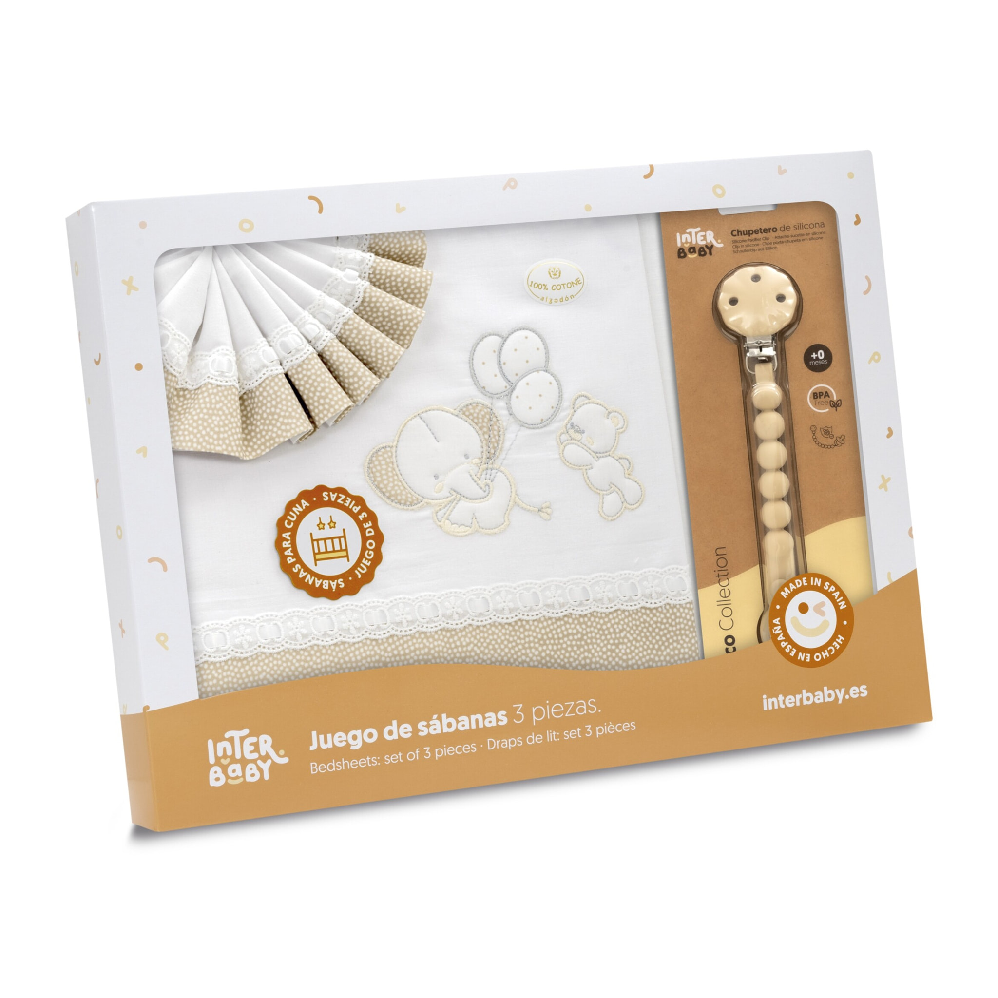 Triptico Cuna Pasacinta Oso Elefante Globos +Broche Bco/Beig