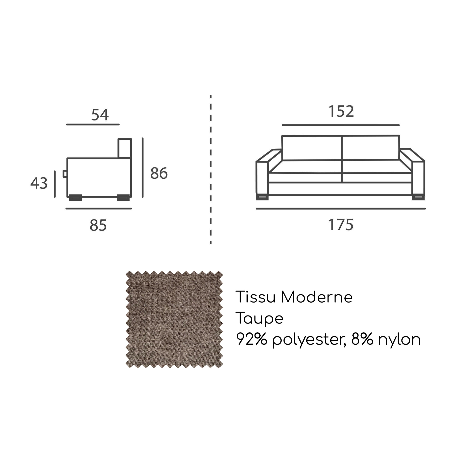 Canapé 3 pl LYS 175 cm fixe tissu Moderne Taupe - 100% déhoussable - Fabriqué en France