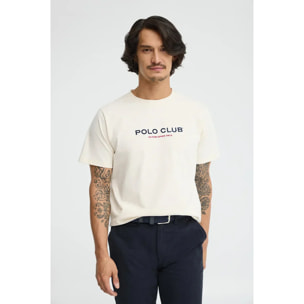 Maglietta ecrù a maniche corte con ricamo Established 2012 Polo Club