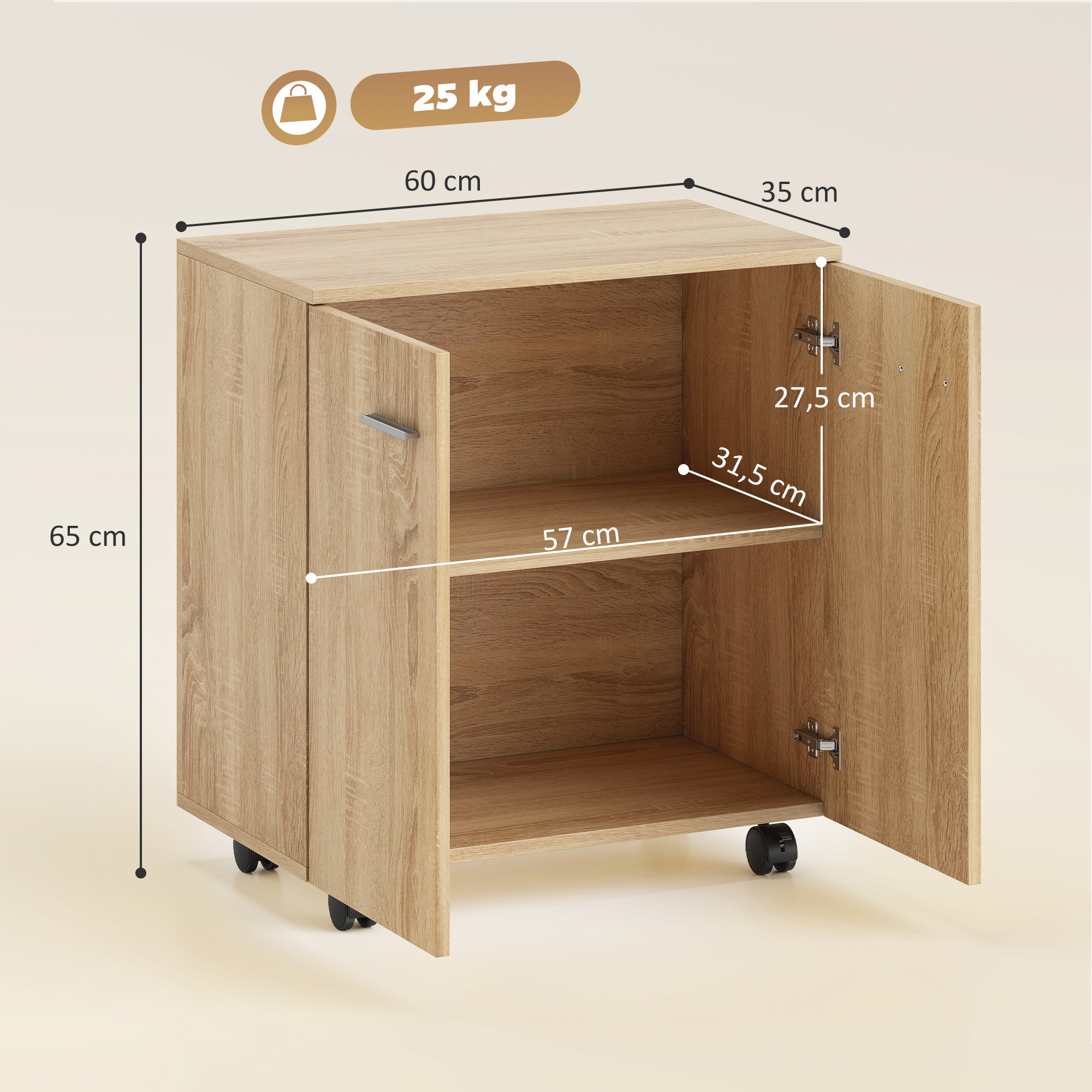 Aparador con Ruedas, Aparador de Salón con 2 Puertas y Estantes, para Sala de Estar, Dormitorio, Oficina, 60x35x65 cm, Natural