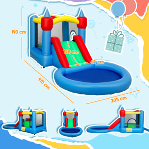 Castillo Hinchable con Soplador 4 en 1 Castillo Inflable para Niños con Tobogán Foso de Bolas Canasta y Bolsa de Transporte para Exterior Interior 415x205x190 cm