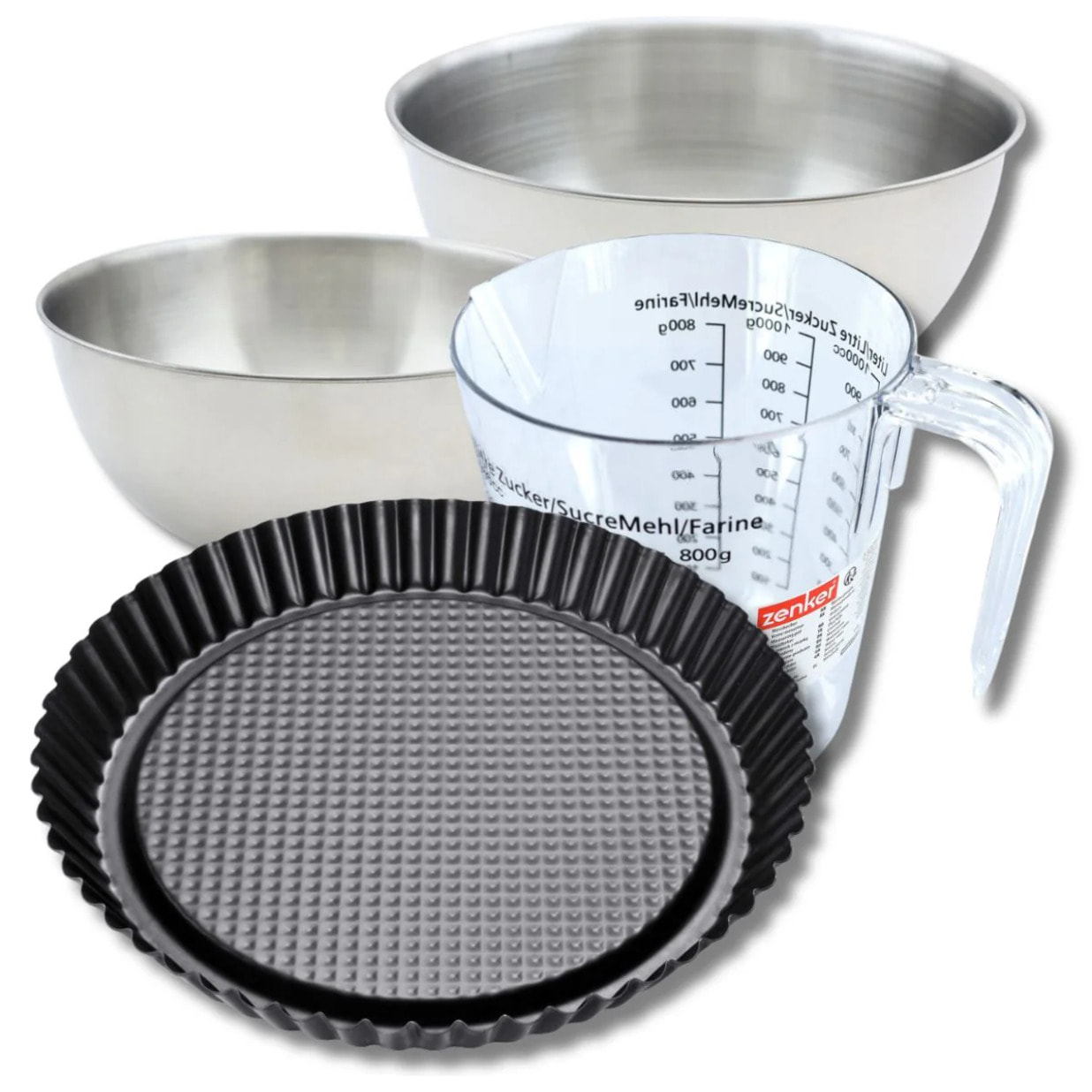 Set pâtisserie avec moule à tarte renversée, 2 bols à mixer, verre mesureur et spatule Zenker