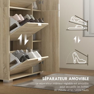 Meuble à chaussures - 4 portes abattantes, 2 portes miroirs, étagères réglables - aspect bois naturel