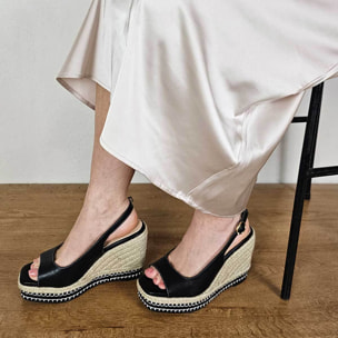 Sandalia De Cuña - Negro - Altura: 9 Cm