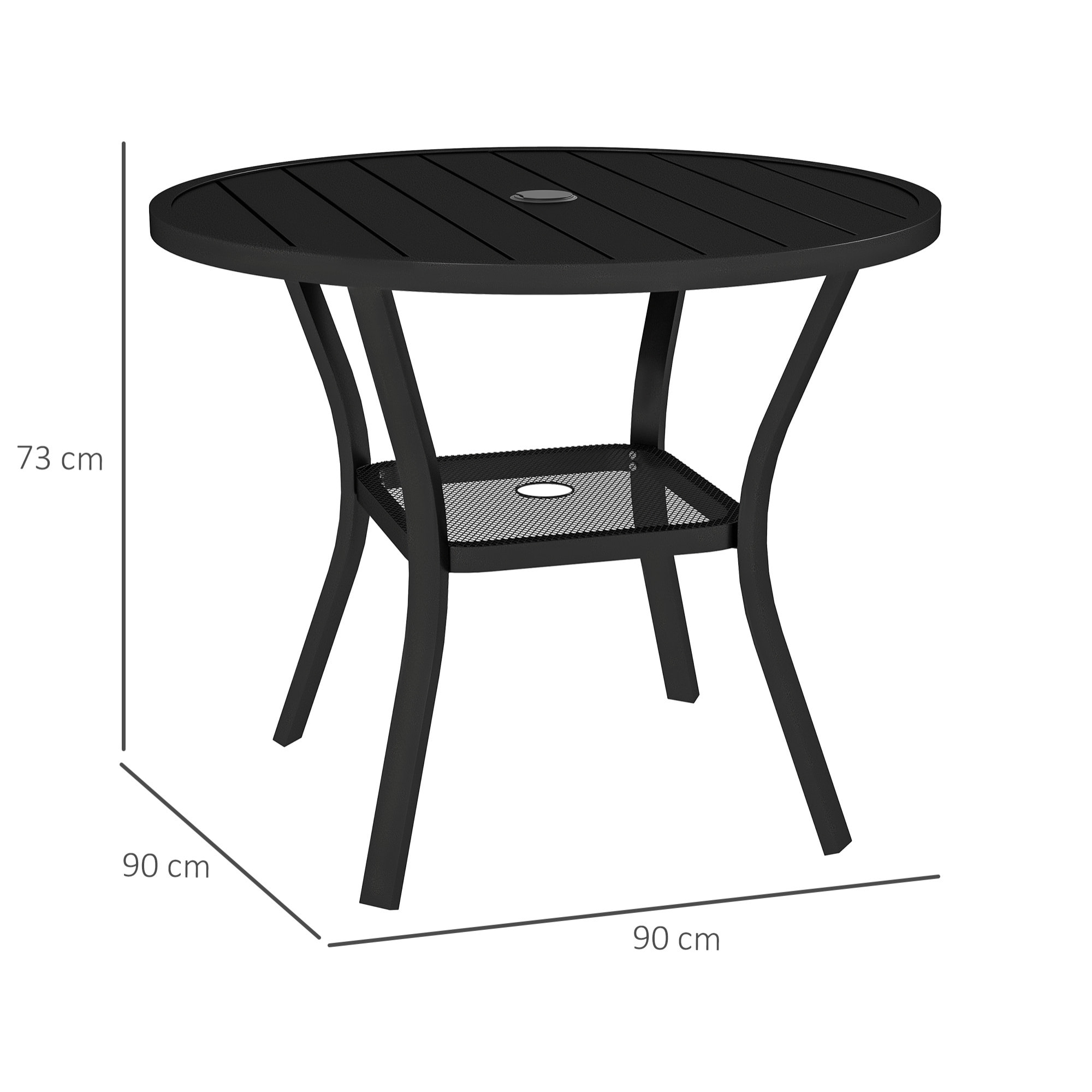 Mesa de Jardín Exterior con Orificio para Sombrilla Mesa de Comedor Exterior Redonda con Encimera de Metal Estante Inferior y Estructura de Acero para Patio Terraza Ø90x73 cm Negro