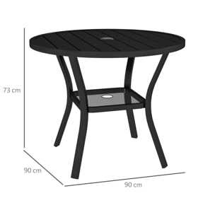Mesa de Jardín Exterior con Orificio para Sombrilla Mesa de Comedor Exterior Redonda con Encimera de Metal Estante Inferior y Estructura de Acero para Patio Terraza Ø90x73 cm Negro