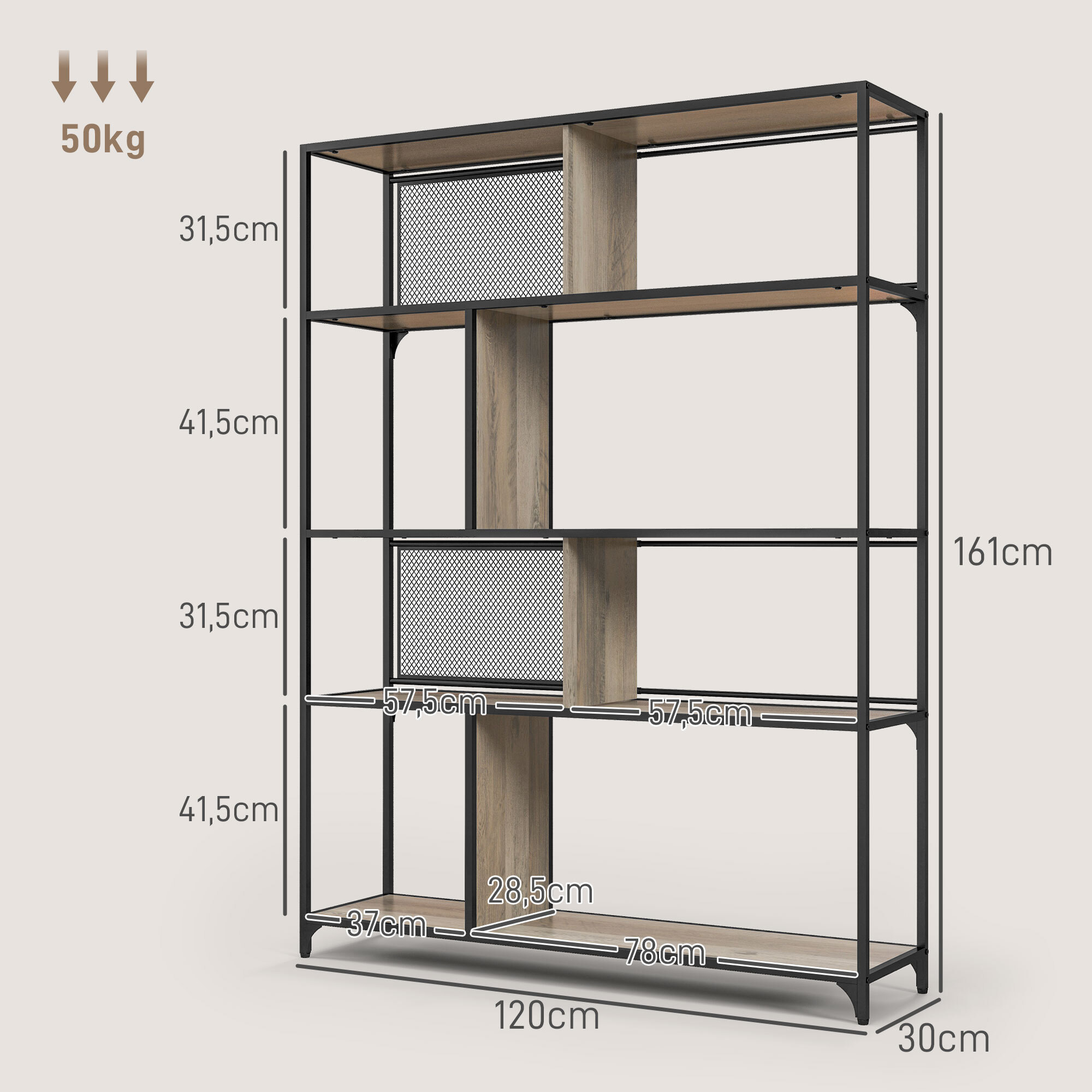 Bibliothèque meuble de rangement étagère à 5 niveaux portes coulissantes en maille cadre en acier style industriel pour salon chambre cuisine - 120L x 30l x 161H cm gris et noir