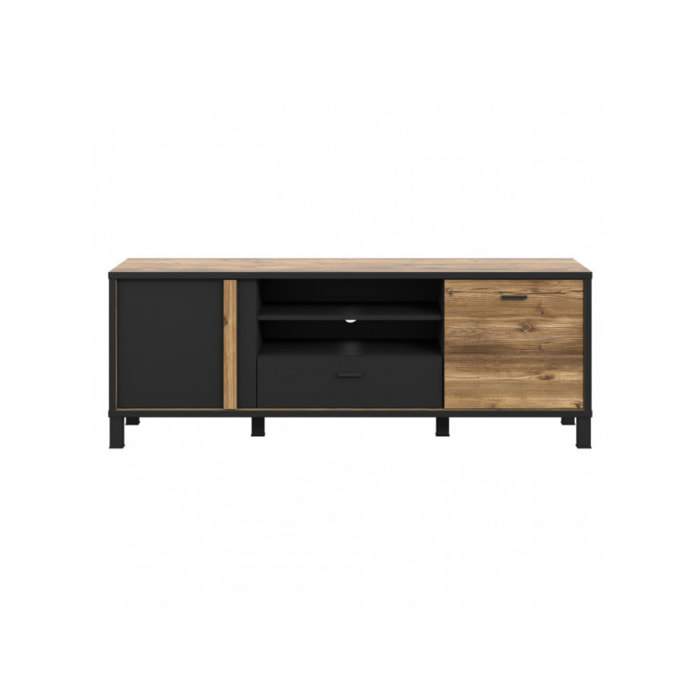 Meuble TV en bois effet chêne et noir L155cm - YAL