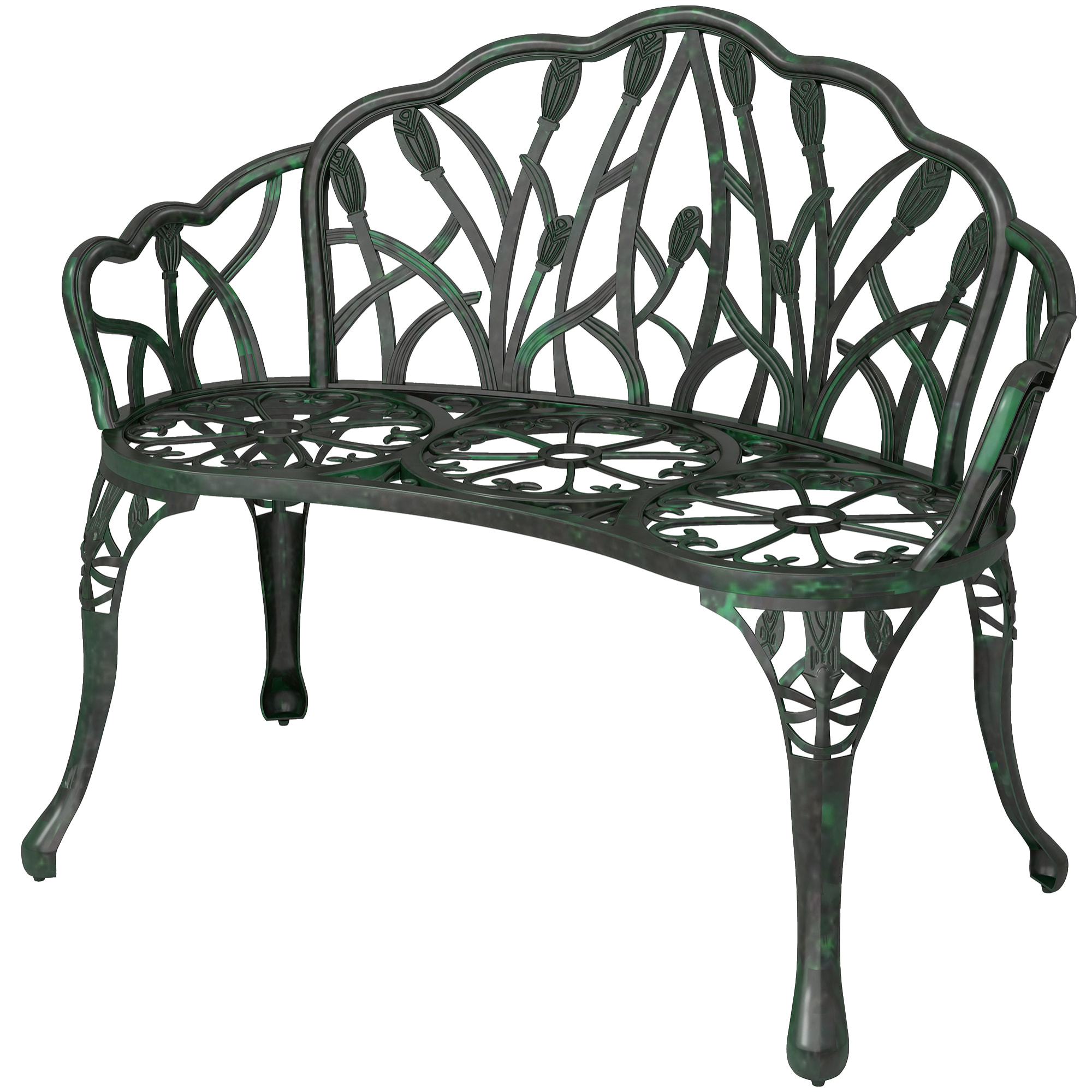 Banc de jardin 2 places style néo-rétro motif tulipes lignes fuselées fonte d'aluminium vert vieilli