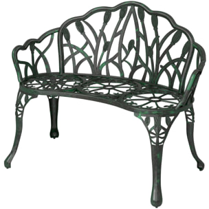 Banc de jardin 2 places style néo-rétro motif tulipes lignes fuselées fonte d'aluminium vert vieilli