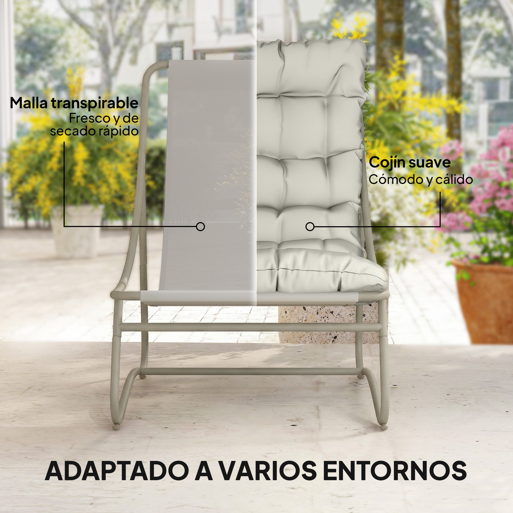 Conjunto de Mesa y Sillas de Terraza Exterior de 3 Piezas, Muebles de Jardín Exterior con Cojines, 2 Sillas Lounge Transpirable, Mesa de Café y Marco de Acero, para Patio, Balcón, Gris Claro