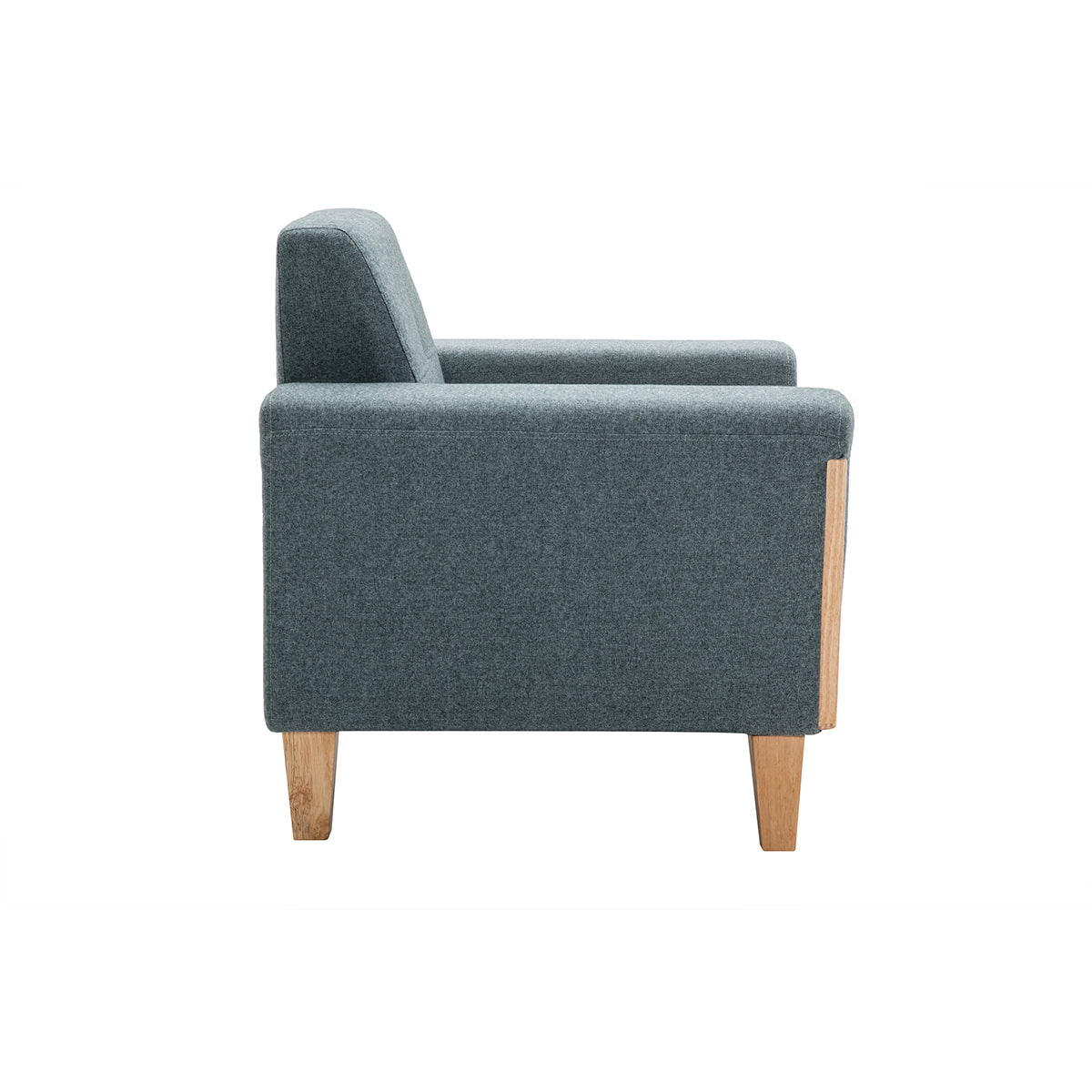 Fauteuil scandinave en tissu vert de gris et bois clair FJORD