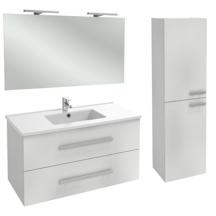 Meuble vasque 100 cm Ola Up blanc brillant + colonne + miroir et spots