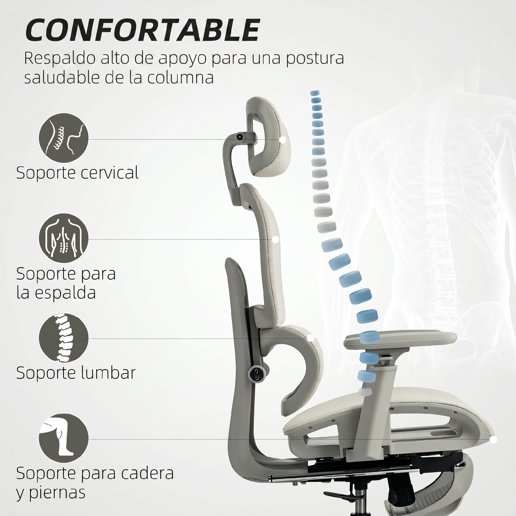 Silla de Oficina Ergonómica de Malla, Silla de Escritorio con Reposabrazos 3D, Reclinable a 135°, Reposacabezas Ajustable, Respaldo Alto, Soporte Lumbar, Reposapiés, Altura Ajustable, Beige