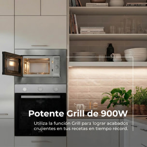 EVVO Microondas integrable Mi30 Inox, 21L , Grill 1000W, Efecto Brillante, Multifunción, Función Descongelar, Temporizador