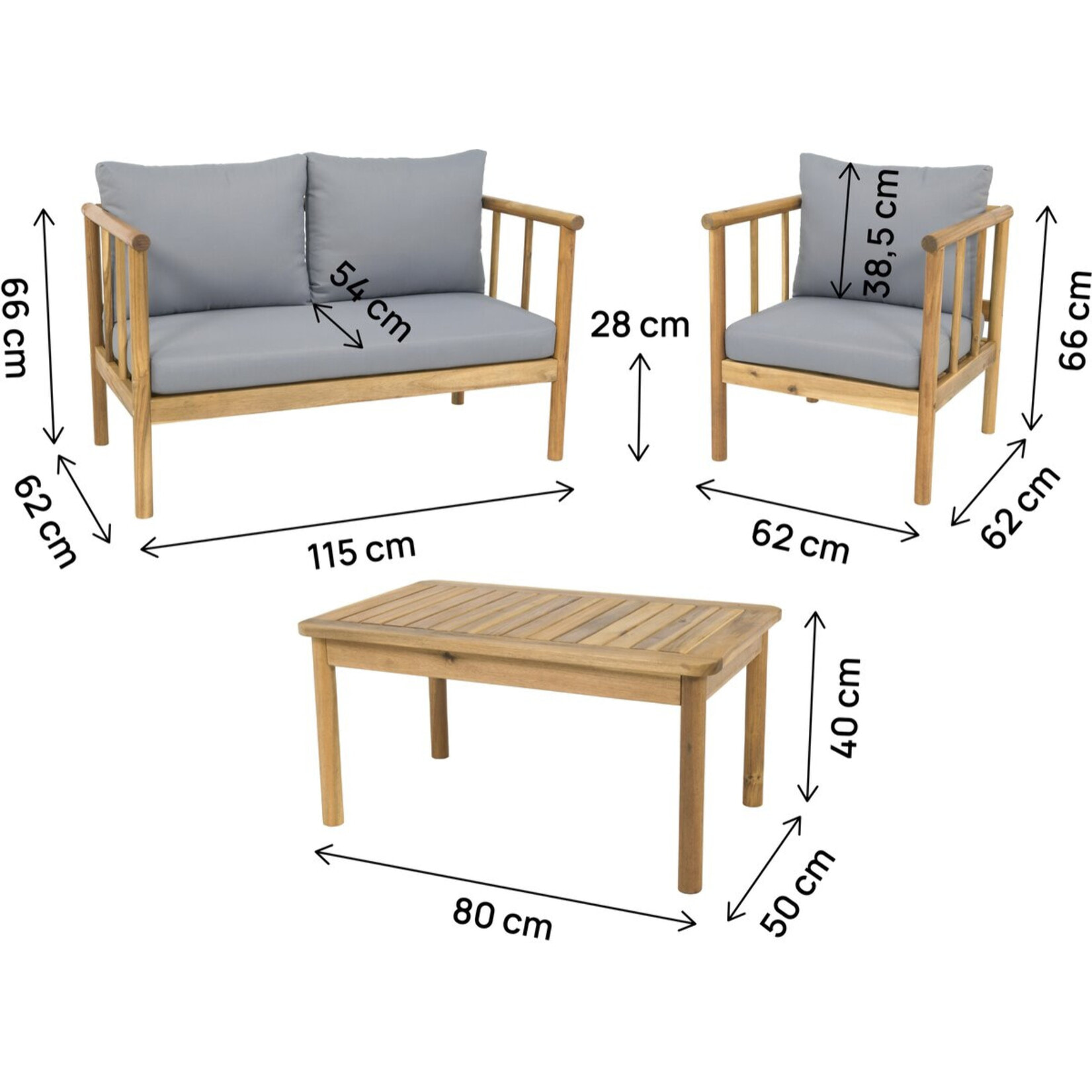 Salon de jardin en bois avec coussins inclus "Milano" - 4 places - Gris