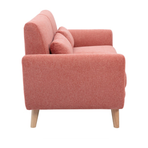 Canapé scandinave 2 places en tissu effet velours texturé terracotta et bois clair EKTOR