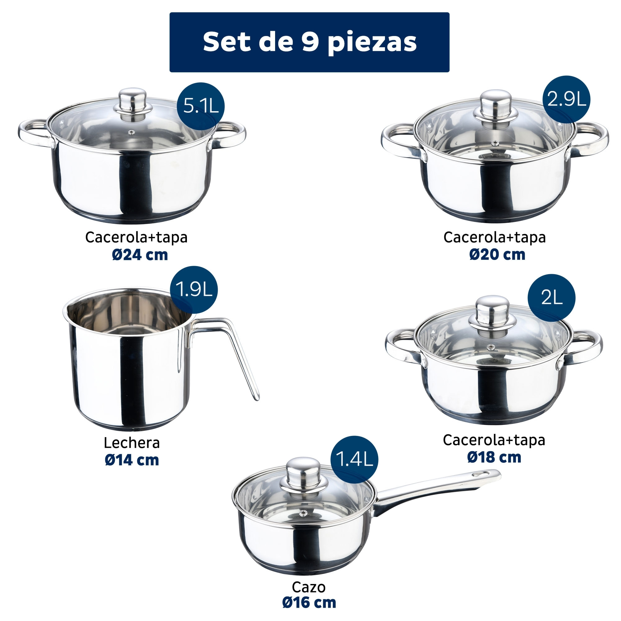 Set 9pc bateria acero inox ind cassel