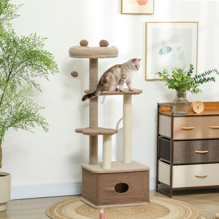 Árbol Rascador para Gatos Altura 133 cm Árbol para Gatos Torre para Gatos con Nido Plataformas Bola Colgante y Poste de Yute Café