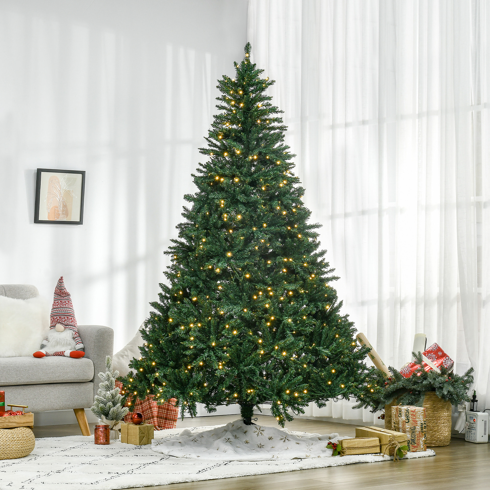 HOMCOM Árbol de Navidad con 700 Luces LED Blanco Cálido, 210 cm, Árbol de Navidad Artificial con 2154 Ramas de PVC Ignífugo, Soporte Metálico Plegable, Verde