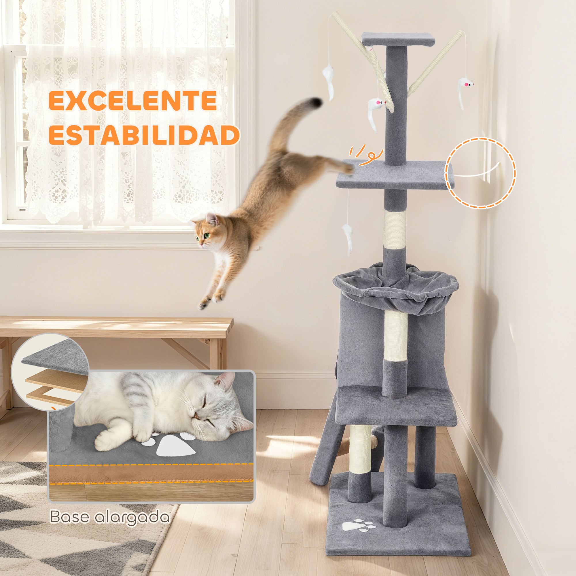 Árbol Rascador para Gatos Grande, Árbol para Gatos, Altura 134 cm, Torre de Escalada con 6 Postes de Sisal, 3 Plataformas, 1 Cueva, 1 Hamaca, 1 Escalera, 4 Juguetes Colgantes, Gris
