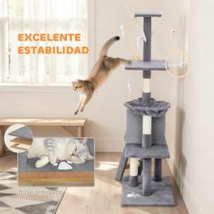 Árbol Rascador para Gatos Grande, Árbol para Gatos, Altura 134 cm, Torre de Escalada con 6 Postes de Sisal, 3 Plataformas, 1 Cueva, 1 Hamaca, 1 Escalera, 4 Juguetes Colgantes, Gris
