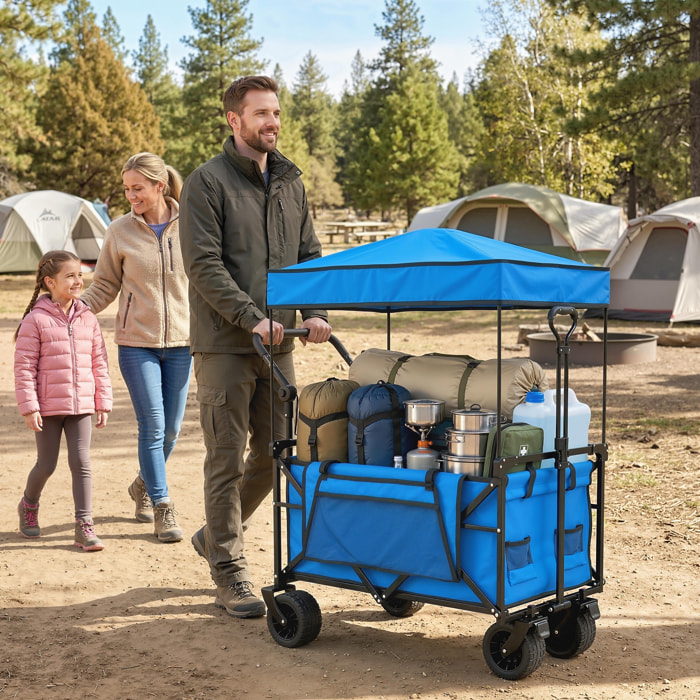Carro Playa con Ruedas Grandes con Freno, Techo Extraíble, Carro Plegable para Jardín con Barra Ajustable, Portavasos y Bolsillos, Carga 100 kg, para Todo Terreno, Campaña, Compras, Azul