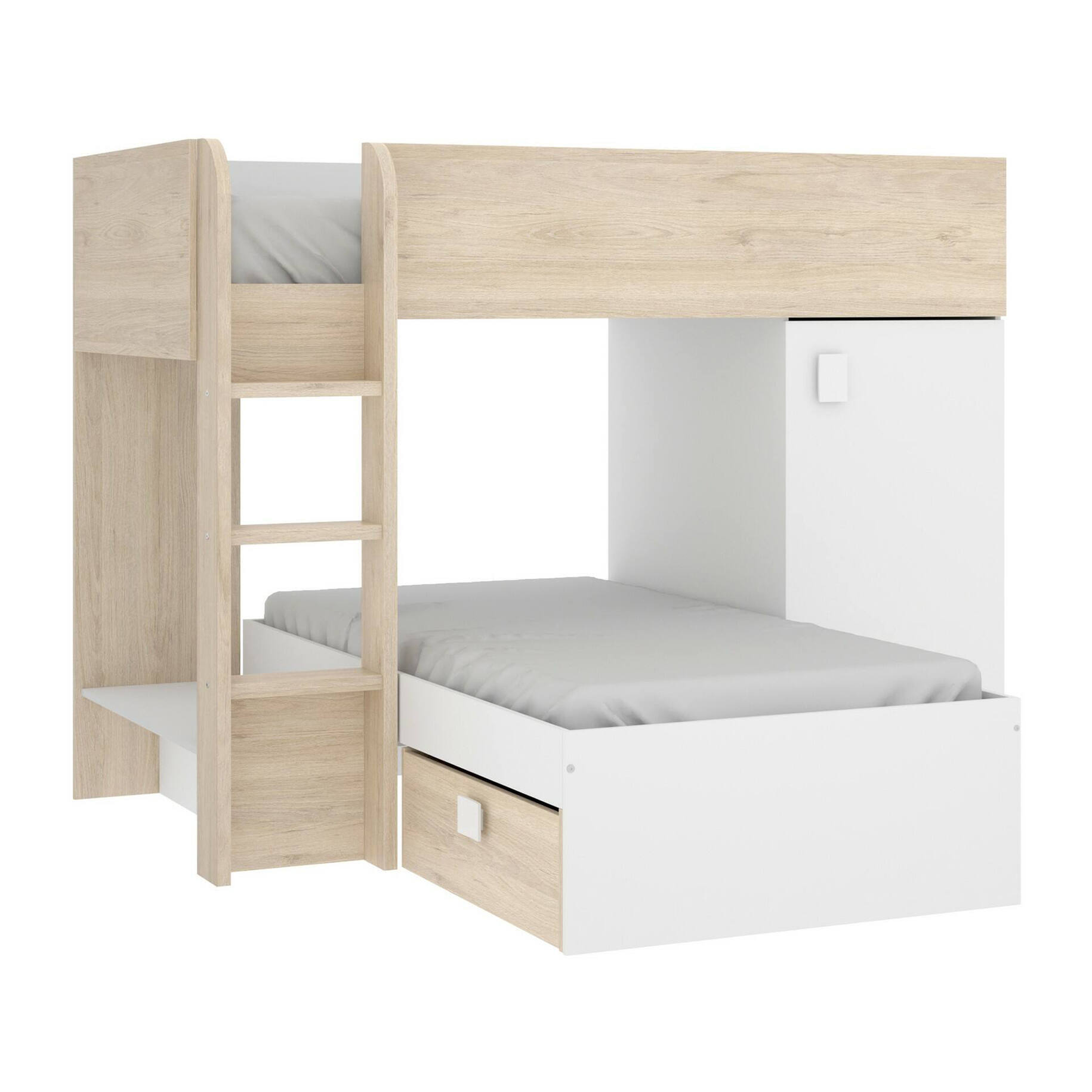 Letto per bambini Marmolada, Cameretta completa con armadio e cassetti, Composizione letto a castello con due lettini singoli, 255x112h150 cm, Bianco e Rovere