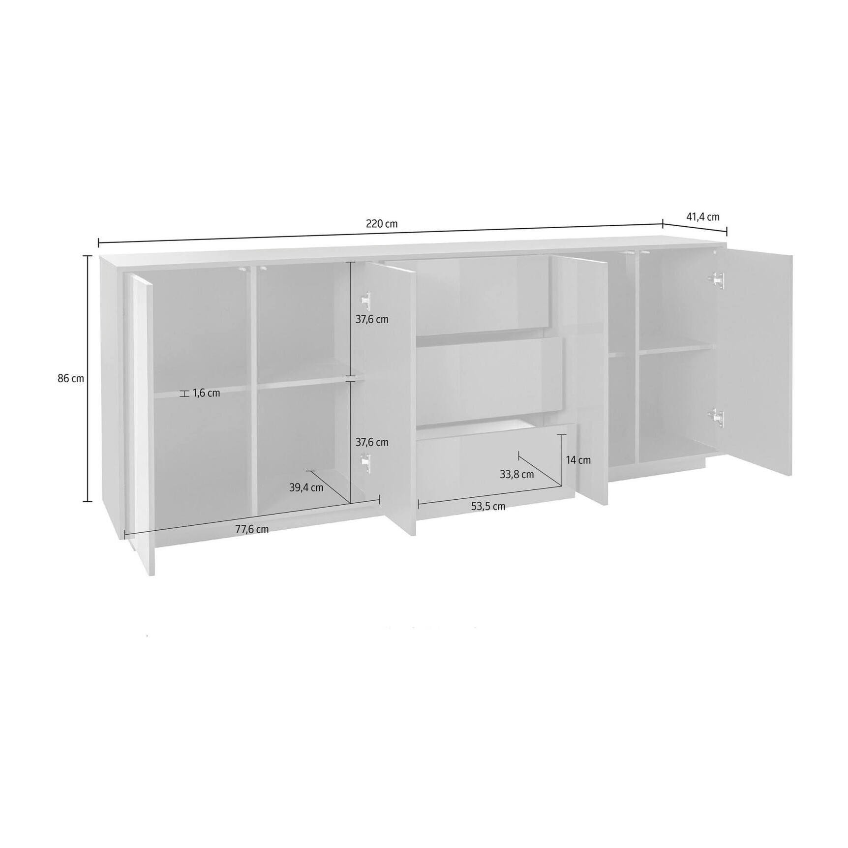 Credenza Jack, Madia da cucina a 4 ante e 3 cassetti, Buffet da soggiorno, 100% Made in Italy, cm 220x41h86, Antracite lucido